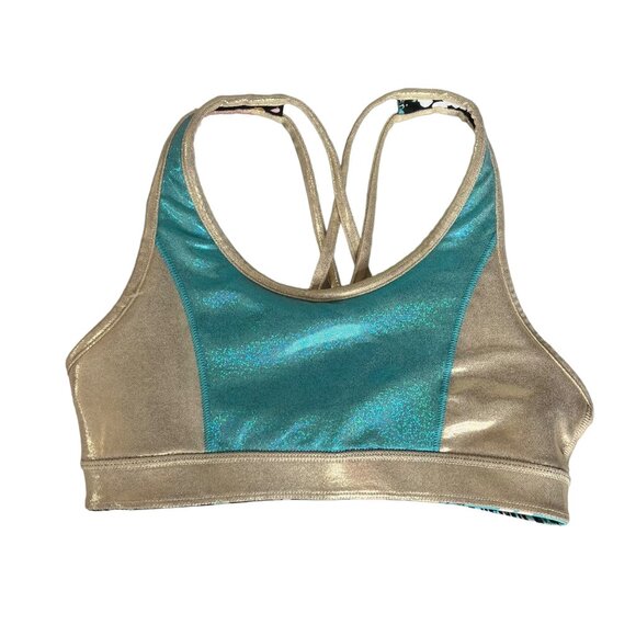 Justice Girls Reversible Sports Bra Black Gold Shiny Size Large 12/14 New - Picture 3 of 12